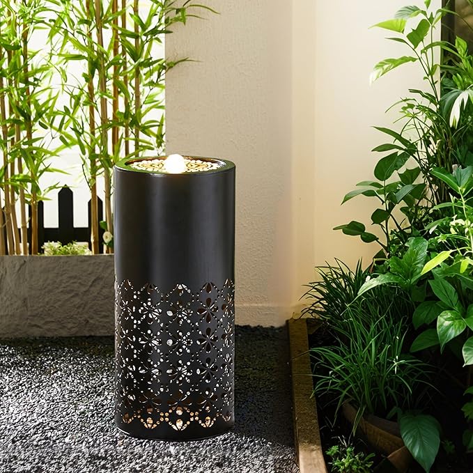 Glitzhome Metal Cutout Bird Baths for Outdoors 24" H - Outside Garden Birdbath & Water Fountain with LED Lights, Water Feature for Patio, Backyard, Deck and Outdoor Living Spaces, Black