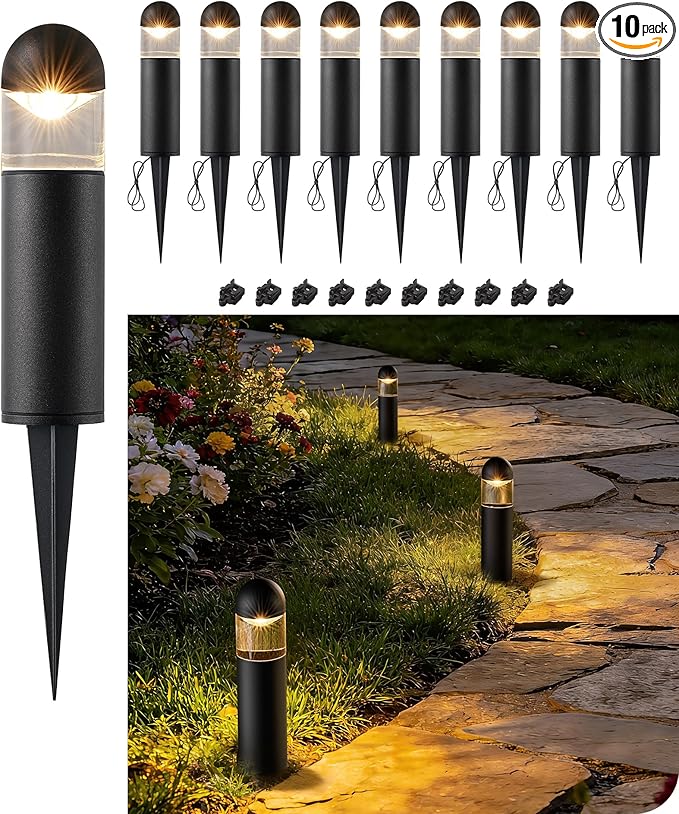 EDISHINE Low Voltage Landscape Lighting, 12V 3W 3000K Landscape Pathway Lights, Glass Aluminum Outdoor Pathway Lights Wired, Waterproof for Garden Yard Driveway, 50,000Hrs, CRI 80, Black, 10 Pack