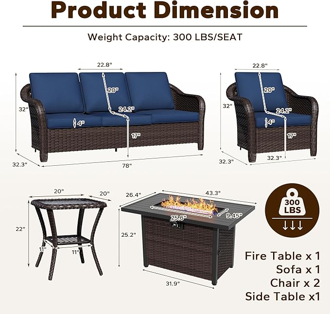 5 Piece Patio Wicker Conversation Set, All-Weather Use Outdoor Wicker Sofa with 2 PE Rattan Ottomans,2 Chair, 1 Side Table, Ideal for Porch, Backyard, Balcony, Poolside, Blue