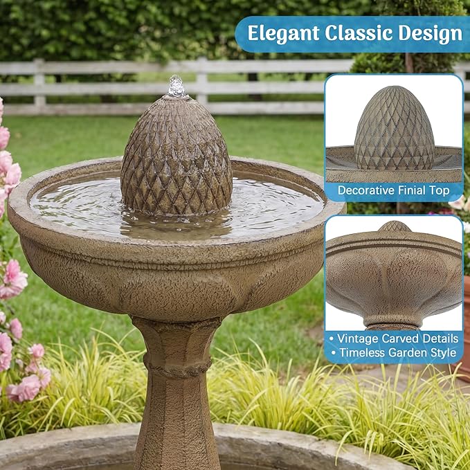 Redlife 33.3" Tall Outdoor Fountain, Classic Pedestal Garden Water Feature with Pineapple Finial, Stone-Look Waterproof Resin Single-Tier Bubbler for Patio, Yard, Lawn Decor
