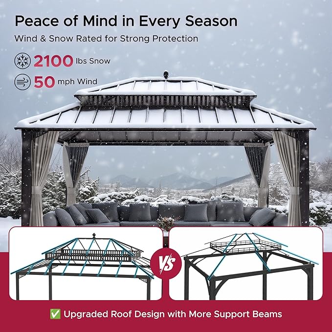 SUNJOY Kingston 16' x 12' Hardtop Gazebo with Galvanized Steel Double Roof, Curtain and Netting, Brown Aluminum Posts Permanent Pavilion Gazebo for Garden, Patio, Deck, Lawn