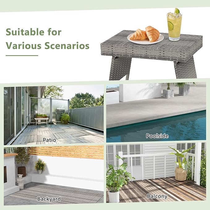LDAILY Outdoor Side Table, Portable Wicker Coffee Table with Rattan and Steel Frame, All Weather Pre-Assembled Coffee Furniture, Standing Folding Patio for Courtyard, Poolside, Garden (Gray)