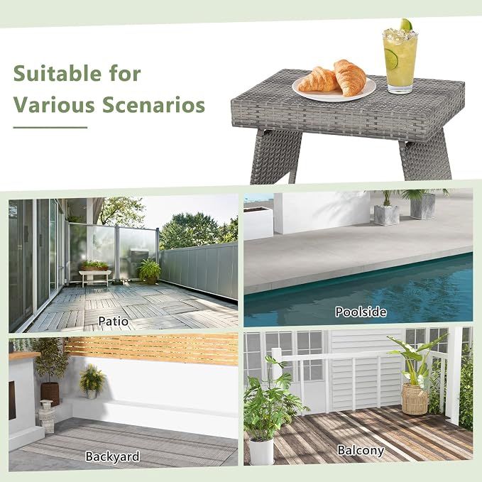 HAPPYGRILL Outdoor Wicker Table Folding Rattan Standing Coffee Side Table for Patio Lawn Bistro Poolside Garden