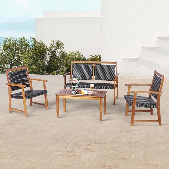 DORTALA 4 Piece Wood Patio Furniture Set, Outdoor Wicker Rattan Conversation Set with Chairs & Coffee Table for Garden, Backyard, Poolside