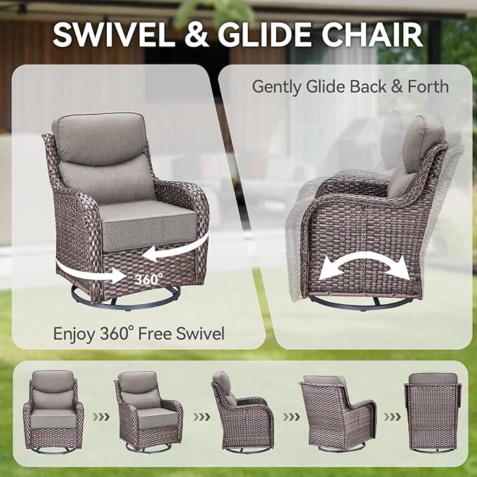 HUMMUH Outdoor Patio Wicker Swivel Rocker Chairs with 6-Inch Thick Cushion High Back 3 PCS Wicker Conversation Set for Porch Balcony Deck