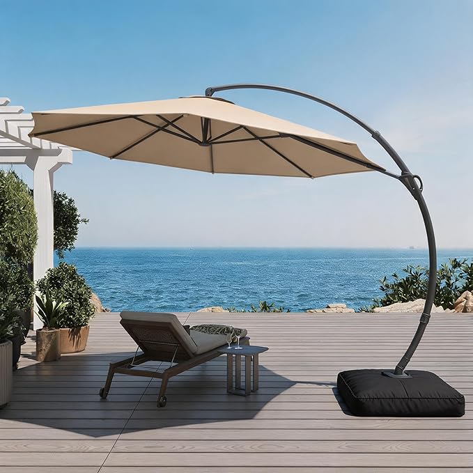LAUSAINT HOME 12ft Patio Cantilever Umbrella with Base Included, Outdoor Curvy Round Offset Umbrella, Heavy Duty Aluminum, 360° Rotation for Pool, Deck, Lawn, Backyard (Champagne)