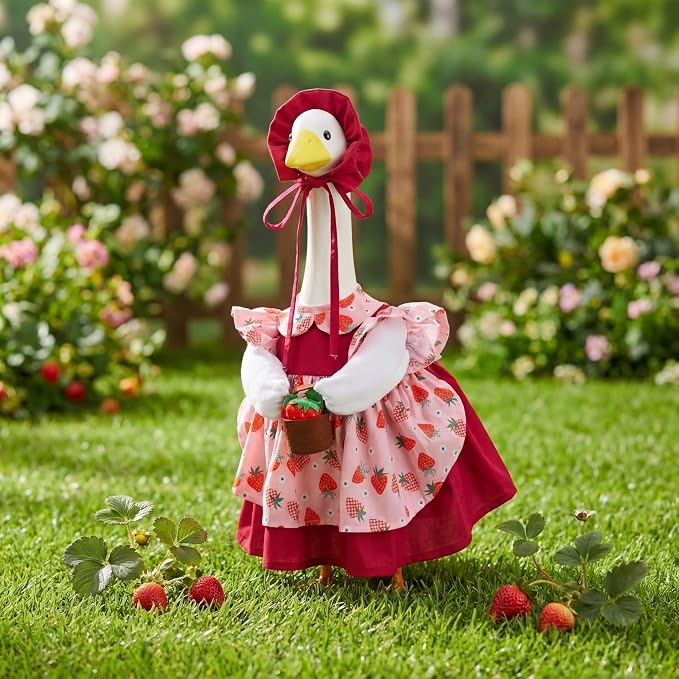 Abbylike Summer Porch Goose Outfits for 23''/17" Cement Statue Strawberry Goose Outfit Strawberry Gril with Basket Costume for Spring Summer Outdoor Yard Lawn Patio Decor