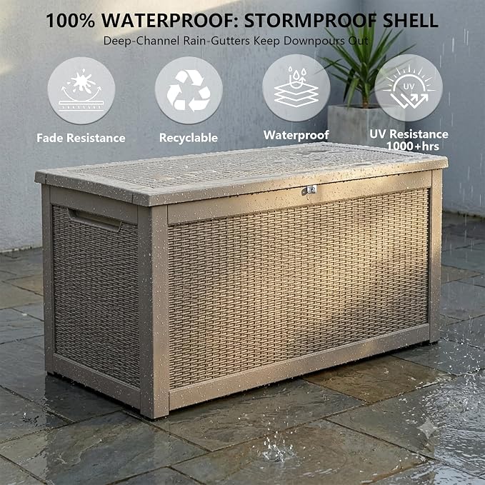 Outdoor Storage Box, 320 Gallon Waterproof Deck Box [Upgraded 3.0], Dual Gas-Spring Ultimate Resin Organizer for King Cushions, Heavy-Duty Lockable Estate Storage Bench, Backyard BBQ, Grey