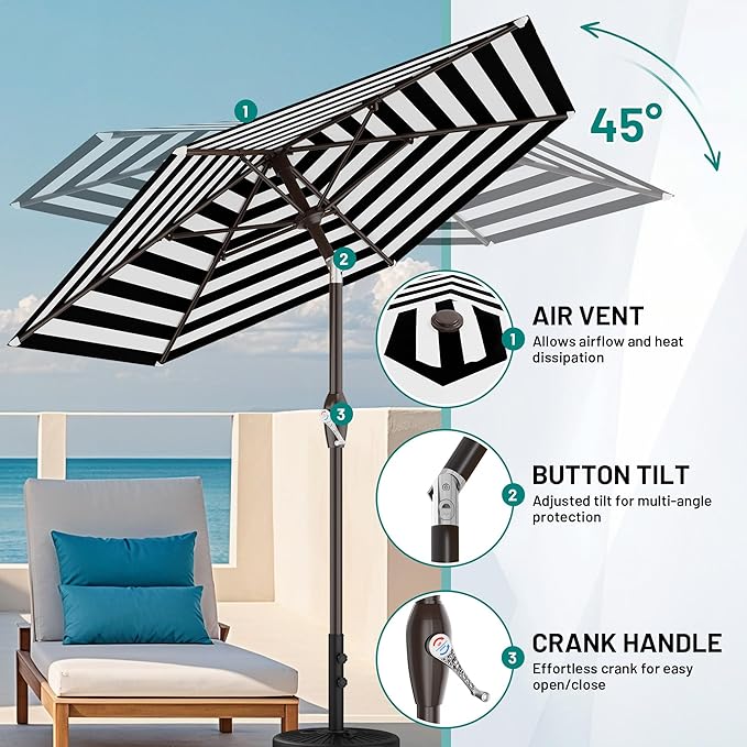 AreShark 7.5FT Patio Umbrella Table Market Umbrella w/Tilt and Crank, Heavy-Duty Outdoor Umbrellas for Pool, Deck, Garden and Backyard, Black & White Stripe