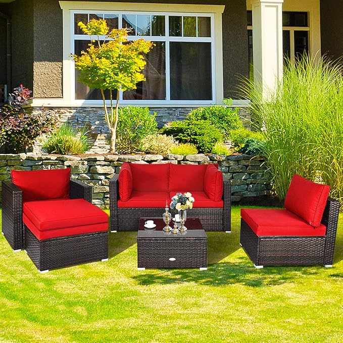 HAPPYGRILL 6PCS Patio Conversation Set Outdoor Furniture Set Rattan Wicker Sectional Sofa Set with Soft Cushions Coffee Table Ottoman for Backyard Garden Poolside
