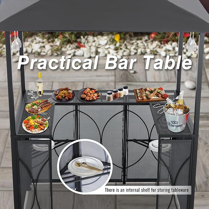 ABCCANOPY Grill Gazebo with Extra Awning - 6.4'x6.8' Outdoor BBQ Canopy with Bar Table and 2 Foldable Chairs, Barbecue with LED Lights for Backyard, Lawn and Patio (Dark Gray)