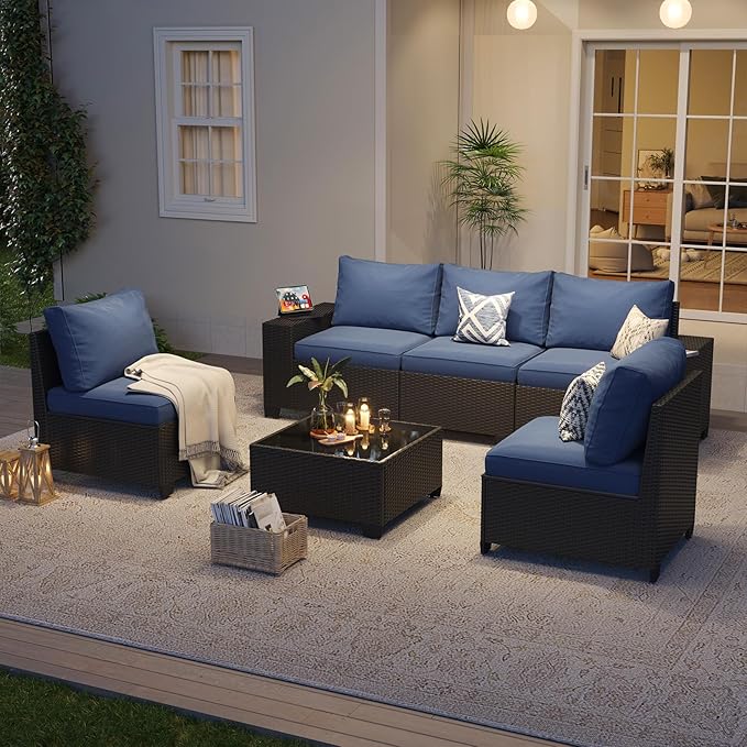 Aoxun Patio Furniture Set, 6 Pcs Outdoor Patio Furniture Sets with 4in Thicken Cushion, Widen Armrests Wicker Outdoor Sectional for Backyard (Waterproof Cover Include)