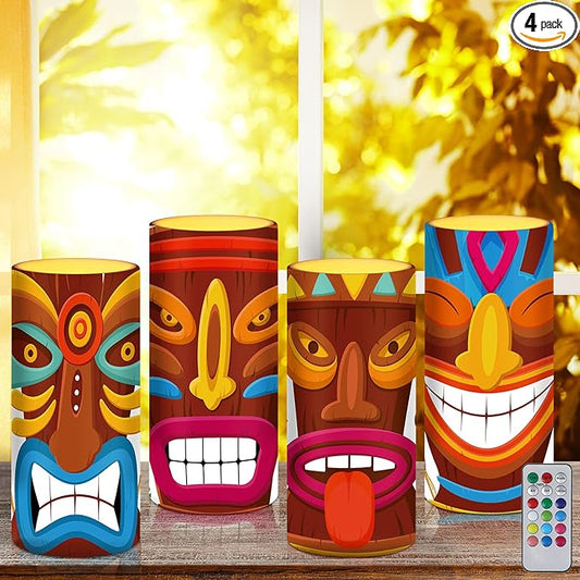 Tiamon Tribal Tiki Flameless Candles Led Hawaiian Battery Operated Luau Flickering Candles with 18-Key Remote Timer Pillar for Summer Holiday Tiki Bar Party Table Decorations