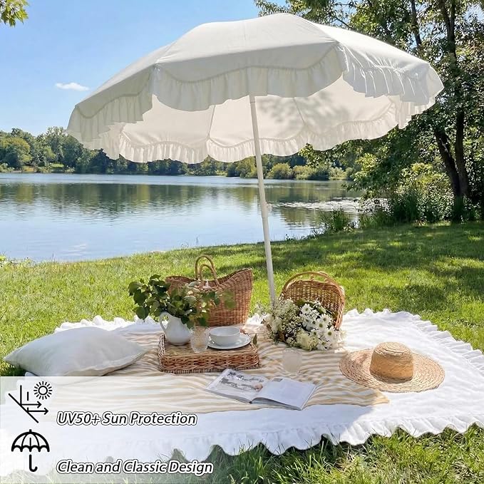 Boho Fringe Beach Umbrella with Extra Large Picnic Blanket Set, 6.5Ft UPF50+ Tassel Ruffles Umbrella 71"x 91" Picnic Blanket for Beach Wedding Bridal Shower Birthday Party Patio Lawn