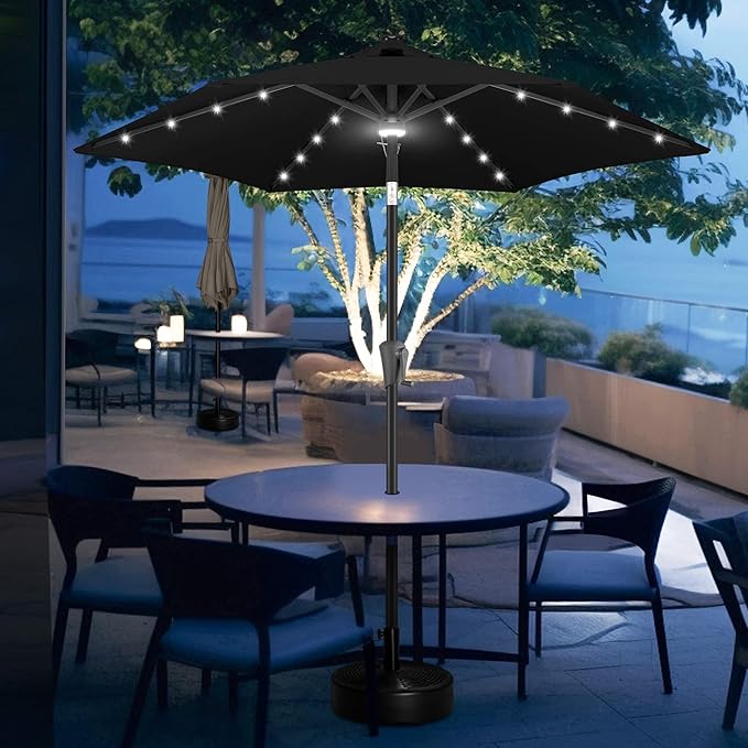 FLAME&SHADE 7.5 FT Solar Light Patio Umbrella, 24 LED Lights Outdoor Umbrella with Centre Surround Light, Table Umbrella Outdoor Patio for Deck, Pool, Backyard, Garden, UV Protection (Black)
