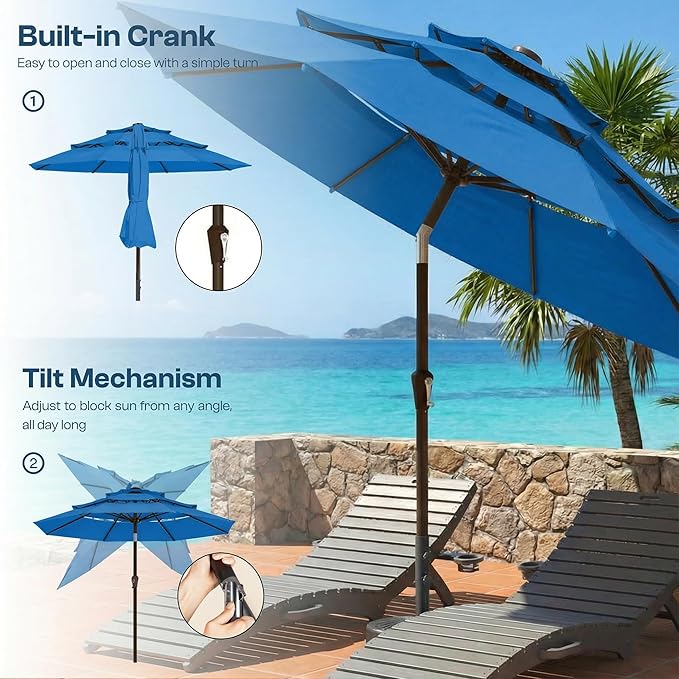 10ft Patio Umbrella, 3 Tier Outdoor Market Table Umbrellas with 8 Fiberglass Ribs and Push Button Tilt, Windproof, Vented Canopy, UV Protection for Deck, Pool, Backyard