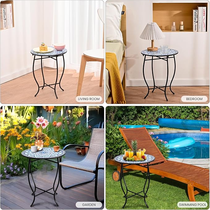 Round Side Table, Indoor Outdoor Small Side Table, Weather Resistant Black Metal Side Table for Livingroom Patio Balcony Yard Porch Garden, 14” Diameter and 17” H Patio Accent Table Plant Stand