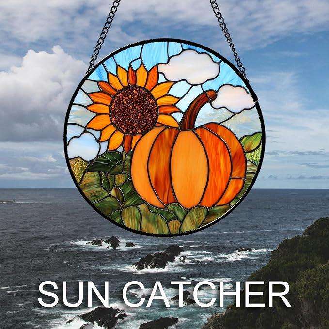 DASTOLL Stained Glass Window Hanging Fall Farm Scenery Sunflower Pumpkin 7.8" - Suncatcher Door Garden Kitchen Sunroom Sun Catcher Home Decor Birthday for Mom Grandma Men Woman