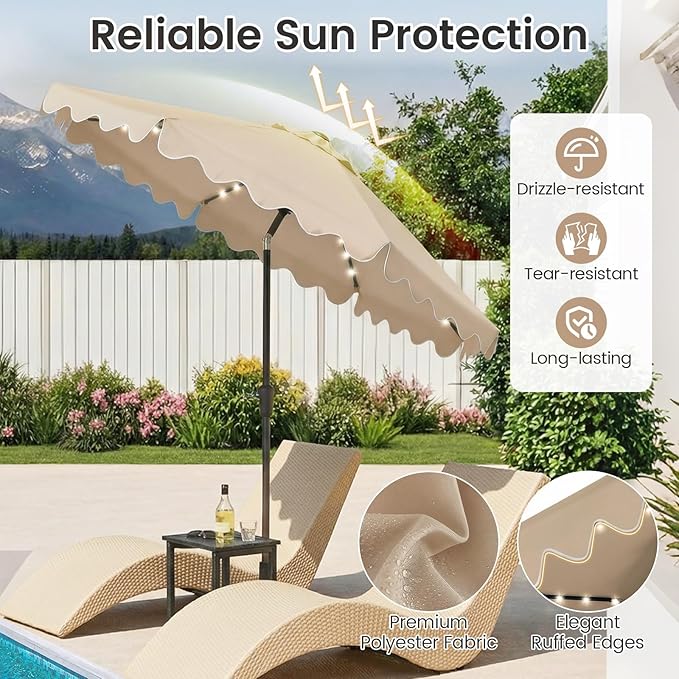 Tangkula 9 FT Solar Patio Umbrella with Base Included, 2-Tiers Outdoor Scalloped Table Umbrella with 32 LED Lights, 2 Sandbags, Tilt Adjustment, Crank, 8 Ribs for Market Backyard Pool Deck Beach Lawn
