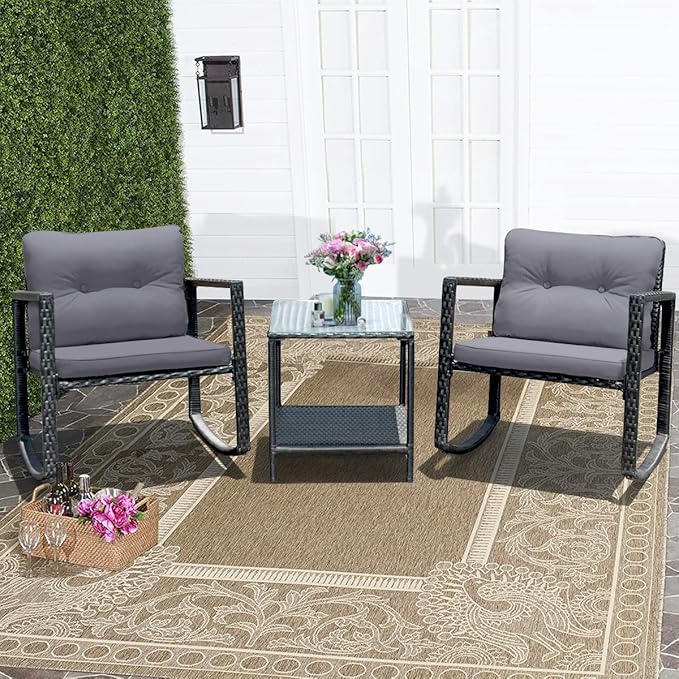 Tangkula 3 Pieces Patio Wicker Rocking Bistro Set, Outdoor Rocking Chair Furniture Set w/Cushioned Seat, Conversation Set w/Glass Coffee Table and Storage Shelf (Gray)