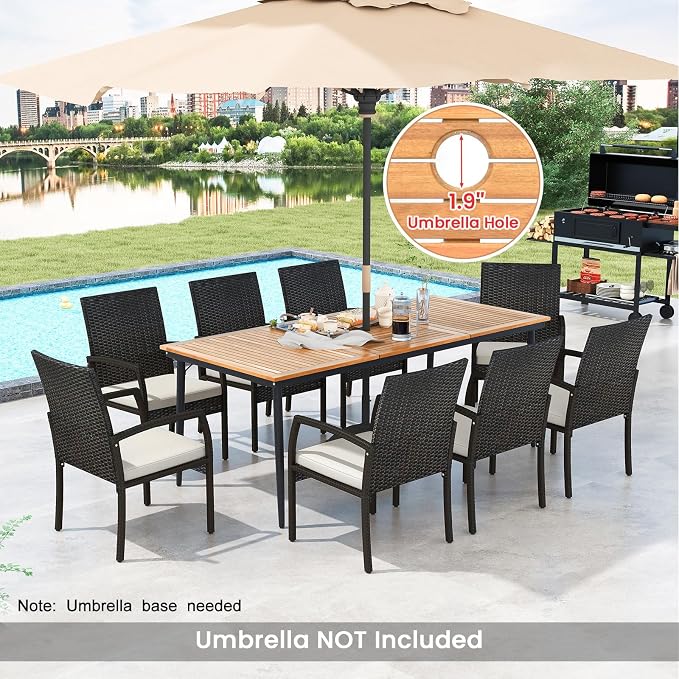 Tangkula 9-Piece Patio Dining Set, 79" Outdoor Acacia Wood Dining Table with 1.9" Umbrella Hole & 8 Rattan-Woven Dining Chairs with Seat Cushions, for Garden, Porch, Deck