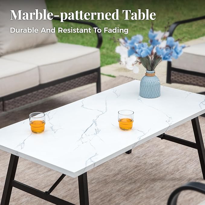 Patio Furniture Set with Coffee Table, Outdoor Conversation Set with 4 x Fixed Chairs, 1 x 3-Seat Sofa for Lawn Garden Backyard, Beige