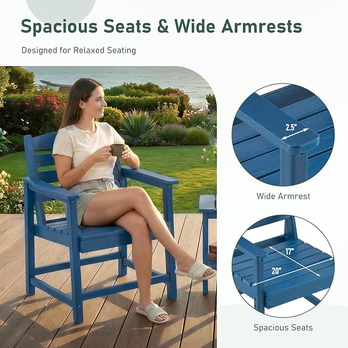 Furnimart Outdoor Dining Chairs Set of 2, Extra-Thick HDPE All-Weather Patio Armchairs with Wide Seat, Outdoor Furniture for Backyard, Garden, Lawn & Poolside, Blue