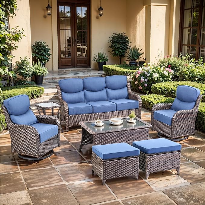 Luxury High Back Outdoor Furniture with 6-inch Extra Thick Cushions, Patio Furniture Set with Swivel Chairs, 7 PCS Wicker Conversation Set for Yard, Deck, Poolside, Brown/Blue