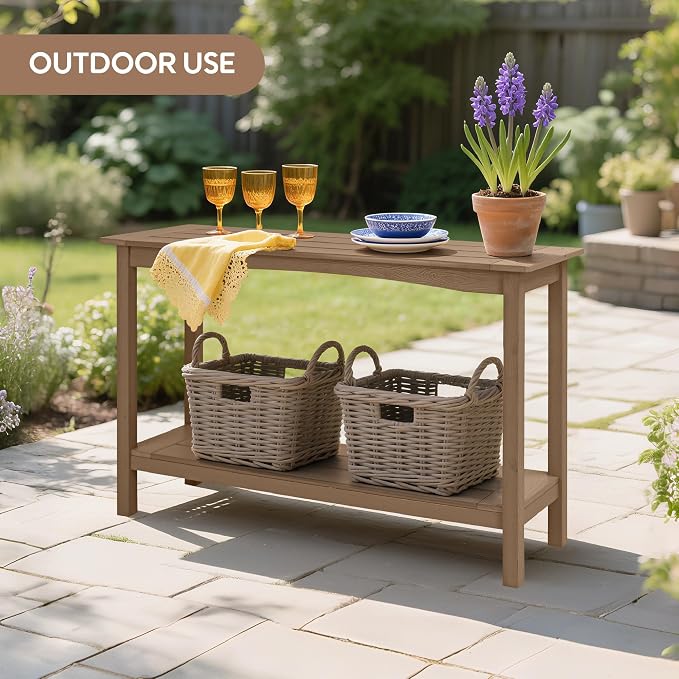 Weatherproof HIPS Outdoor Console Table, 48'' 2-Shelf Side Table Indoor/Outdoor Use, Multifunctional Buffet Table Bar Storage Organizer for Entryway, Patio, Outside Plant Stand Table, Brown