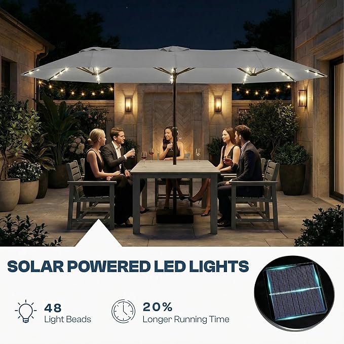15FT Large Outdoor Patio Umbrella with Solar Lights and Base, Double-Sided Table Umbrellas with 48 LED Lights, Rectangle Market Umbrella for Pool, Deck, Backyard