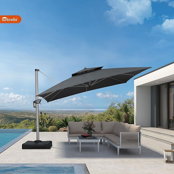 PURPLE LEAF 12' X 12' Cantilever Outdoor Patio Umbrella Large Heavy Duty 360° Rotation Double Top Offset Rectangular Umbrellas for Backyard Deck Pool, Cast Slate