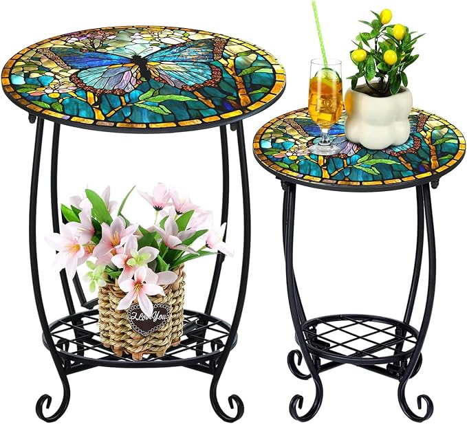 Cinnvoice 2 Pcs Outdoor Side Table Small Patio Round Mosaic Accent End Table Indoor Plant Metal Coffee Tea Tables for Patio Yard Porch Garden Living Room(10" and 16",Butterfly Style)