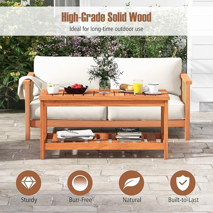 HAPPYGRILL Patio Coffee Table, Double-Tier Side Table with Solid Wood Structure, Slatted Tabletop & Shelf, Outdoor 2-Layer Rectangle Coffee Table for Backyard Porch Balcony