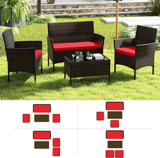 RELAX4LIFE 4-Piece Patio Furniture Set - Rattan Outdoor Conversation Bistro Set w/Cushions, Glass Coffee Table, Wicker Chairs & Loveseat for Garden Backyard Porch, Balcony Furniture Set (1, Red)