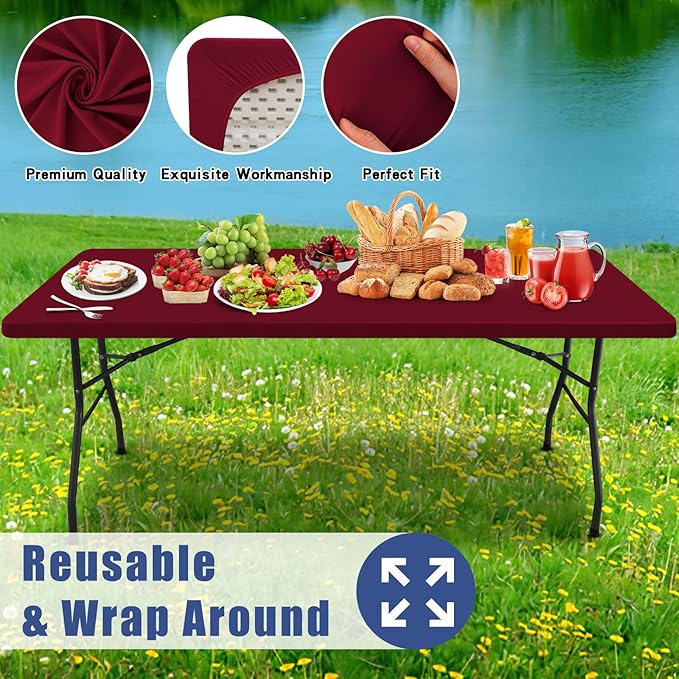 Moosfor Spandex 6 Foot Rectangle Table Cloth 2 Pack, Elastic Fitted Tablecloths for Picnic, Stretch Washable Patio Table Cover for Outdoor, Camping, Banquet and Parties (Wine Red, 30"x72")