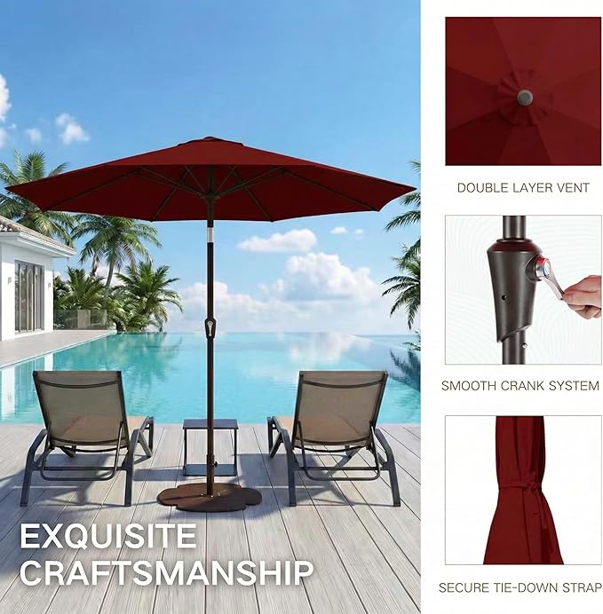 Kingdura 10FT Outdoor Patio Umbrella, Market Table Umbrella with Push Button Tilt and Crank, 8 Sturdy Fiberglass Ribs, UV Protection for Pool, Lawn, Deck, Backyard, Garden (Dark red)
