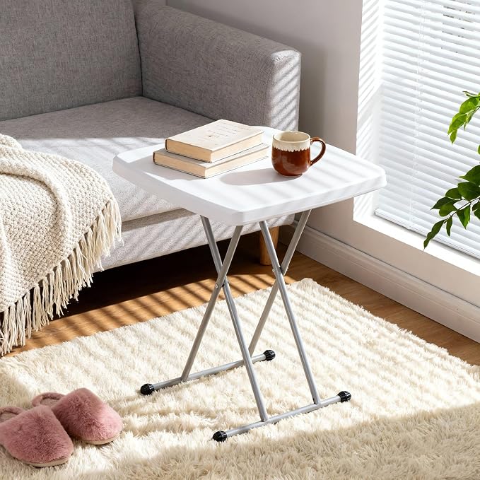 SUPER DEAL 2.5 Foot Plastic Folding Table, Indoor Outdoor Portable Heavy Duty Adjustable Height Kitchen or Camping Barbecues Picnic Party Tray Table, White