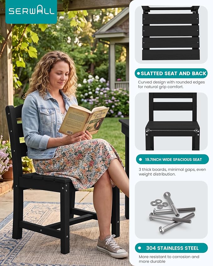 SERWALL HDPE Outdoor Dining Table and Chairs Set for 6 | with Armless Chair Seat