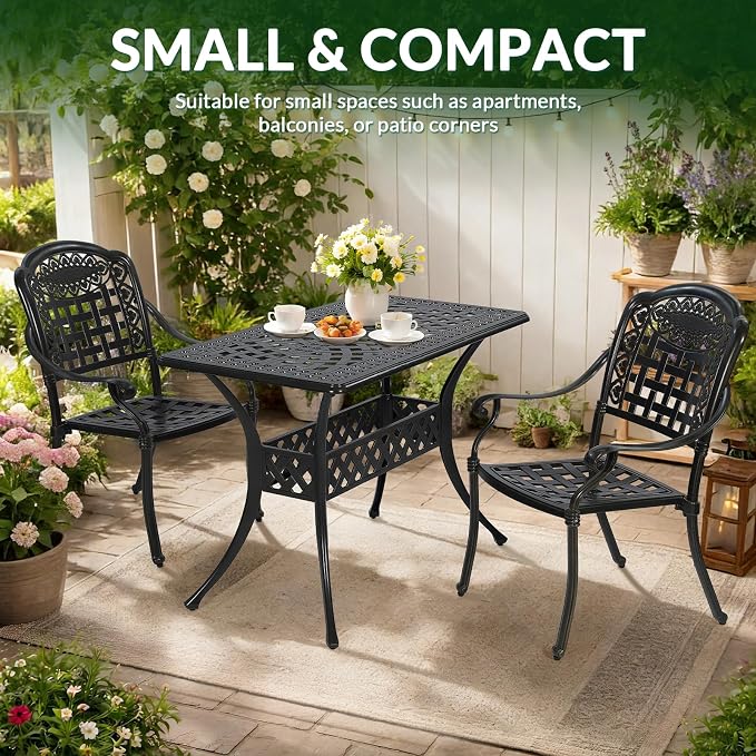 VIVIJASON 3 Piece Outdoor Dining Set, Cast Aluminum Patio Bistro Set with 42" x 24" Rectangular Table and 2 Chairs, Rust Proof & Weather Resistant Furniture for Small Balcony, Porch, Garden, Deck
