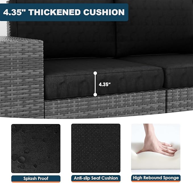 Patio Furniture Set, 12 Pieces Outdoor Sectional Sofa Conversation Sets with Waterproof Cover Modern Wicker Seating Set, 4'' Thickened Cushions & 2 Glass Coffee Table, Black