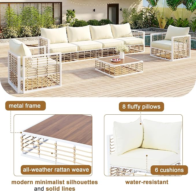 Modern Minimalist 7-Piece Metal Patio Sectional Sofa Set, All-Weather Garden Conversational Furniture Set with Thick Cushions and Coffee Table for Indoor Outdoor (White#26)