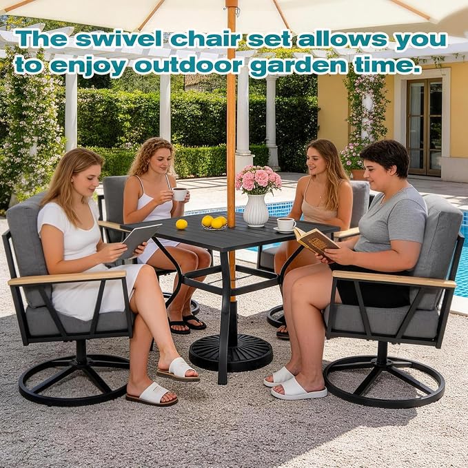 Set of 5 Outdoor Swivel Chairs with Patio Table,Patio Dining Chairs with 5" Thick Cushions,Outdoor Swivel Rocker Chairs with Umbrella Hole Weather Resistant Seating for Balcony Garden