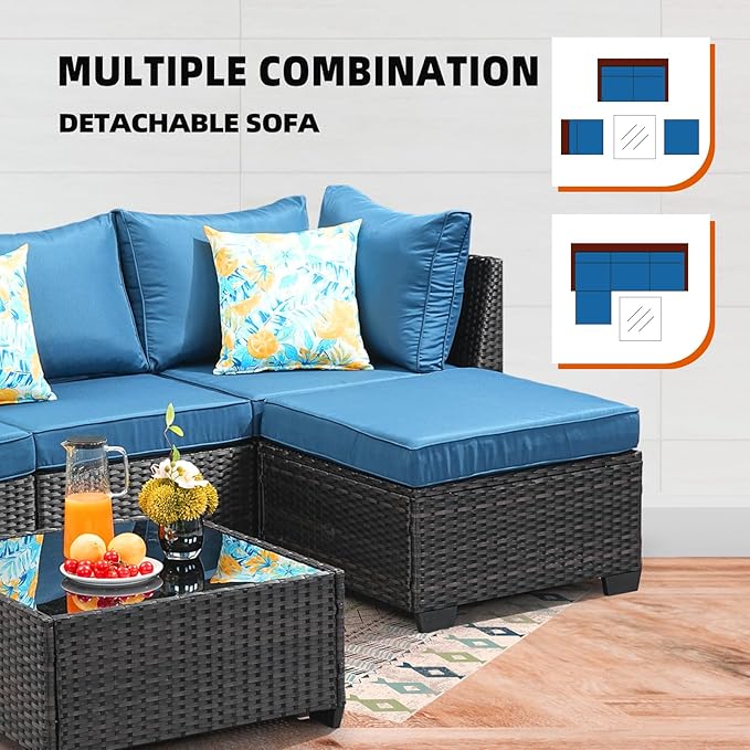 5 Pieces Patio Furniture Set,Wicker PE Rattan Outdoor Sectional with Cushion & Coffee Table, Patio Conversation Sofa for Garden, Backyard, Poolside, Peacock Blue