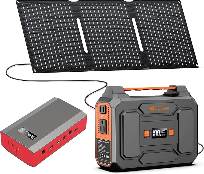 Portable Power Station with Foldable Solar Panel, 110V 100W AC Outlet Camping Solar Powered Generator with Panels, 65W Solar Powered Power Bank for Laptop Smart Devices RV Outdoor with 30W Panel