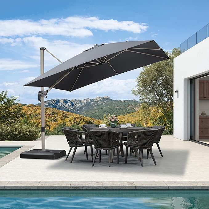 PURPLE LEAF 10’ X 10‘ Patio Umbrella Outdoor Cantilever Umbrella, Aluminum Offset Umbrella with Champagne Frame and 360° Rotation for Pool Deck Garden, Grey
