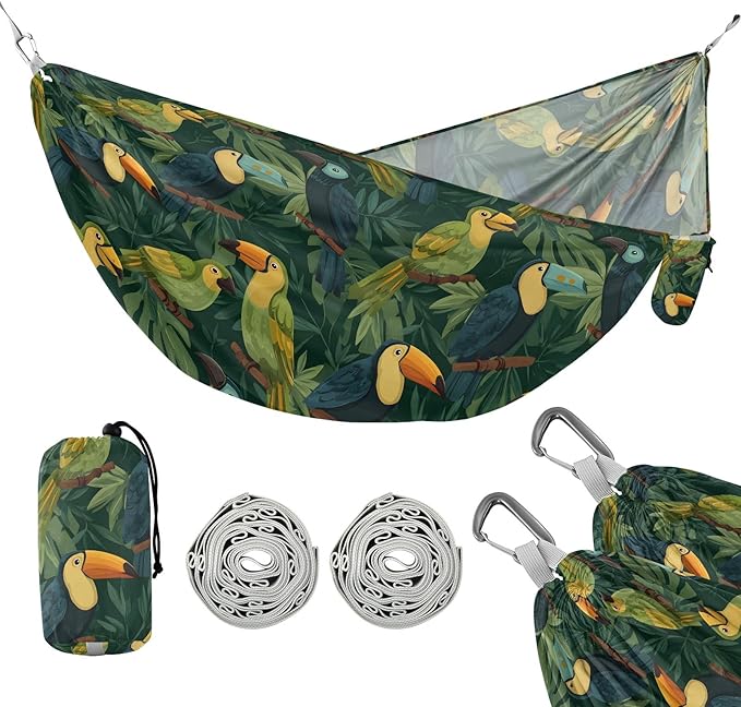 Camping Hammock Outdoor Hammocks for Outside Toucan Green Plant Beach Trees Portable Lightweight with Pockets Tree Straps Indoor