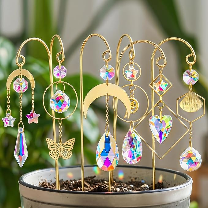 6pcs Crystal Suncatchers with Gold Small Trellis for Mini Potted Plants | Indoor Plant Accessories,7'' Garden Stakes Sun Catchers For Home Whimsical Decor,Christmas Gift for Gardening Enthusiasts