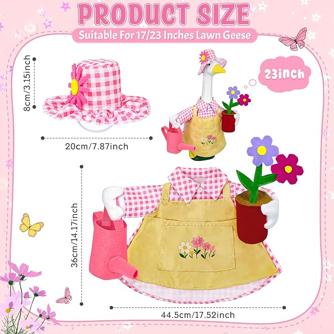 Gardener Porch Goose Outfit Pink, Spring Goose Outfit Lawn Gooses Clothes Geese Costume for 23" Cement Plastic Geese Statue for Garden Yard Decoration