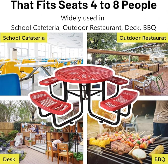 46" Round Metal Picnic Table for 4-8 Person, Durable Heavy Duty Commercial Picnic Table with Umbrella Hole for Outdoor Coffee Shop, School, Hospital, Easy to Install, Red