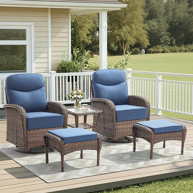 5 Pieces Luxury Patio Furniture Sets with 6-Inch Thick Cushions, High Back Swivel Outdoor Rocking Chairs Set of 2 with Multifunctional Ottoman, Wicker Conversation Set for Porch Garden, Blue